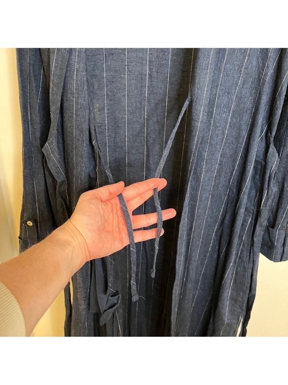 NWT Linen Blend Wrap Maxi Dress Conbipel Navy Pinstripe Italian L/XL - Picture 11 of 15